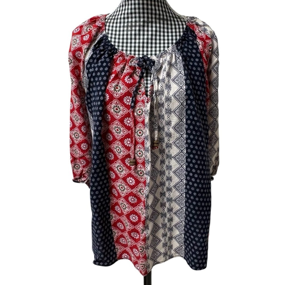 Rue JuJu Patriotic Rhapsody Red, White, Blue, Patchwork Tunic Blouse Tie Neck S